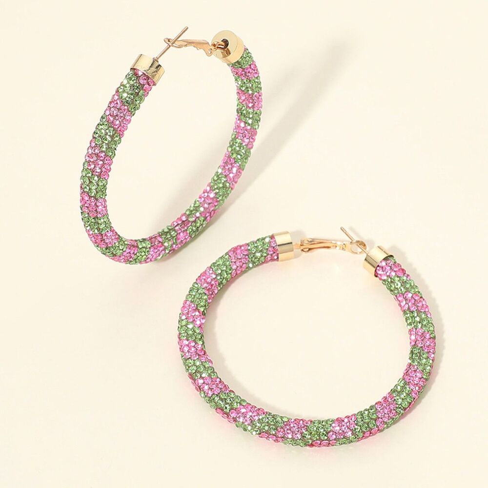 Pink Green Stone Detail 2.5" Rhinestone Hoop Crystal Pave Two Tone